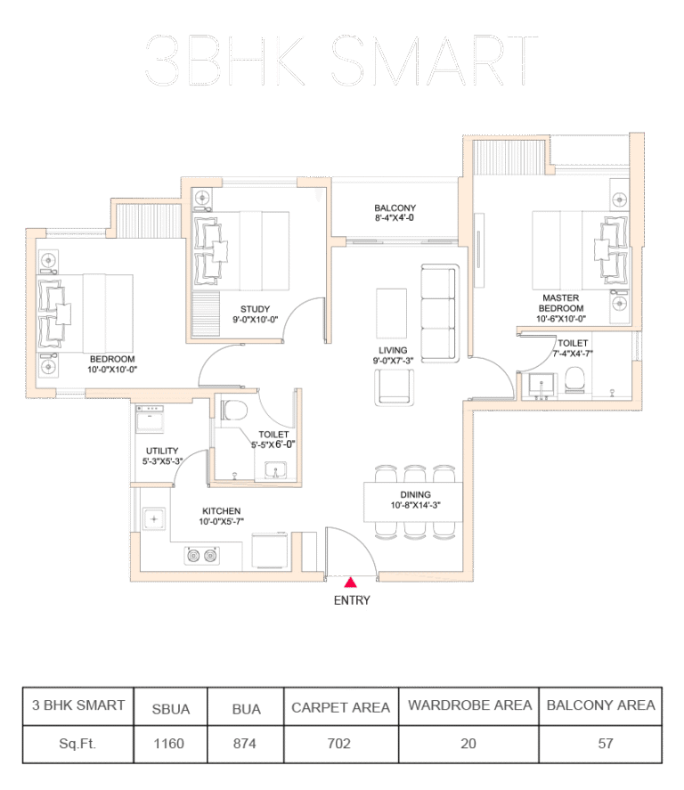 3 BHK Smart Floor Plan