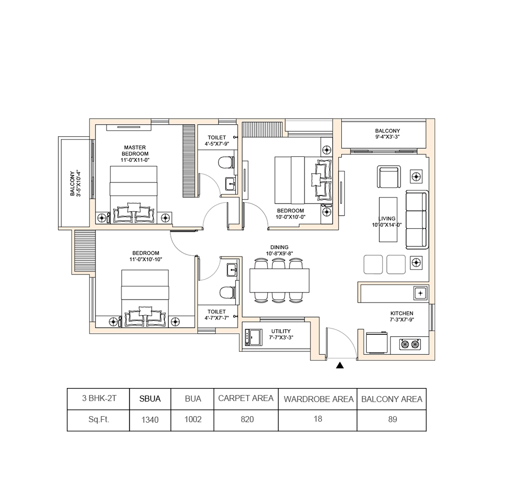 3 BHK 2T Floor Plan
